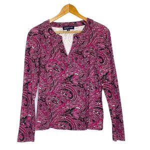 Jones New York Women's Large L/S Split V Neck Knit Top Black Burgundy Paisley